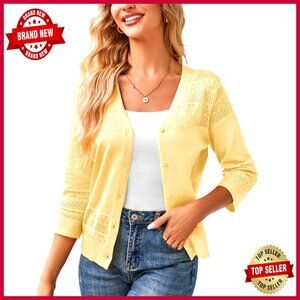Cropped Cardigan 3/4 Sleeve Lightweight Crochet Shrug Hollowed-Out Knit